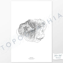 Load image into Gallery viewer, Example art map print of Kauai, Hawaii. Art uses verticle orientation. Print shows landscape of the area using elevation data. On the artwork is a title and concise info of location and elevation. Custom map decor
