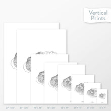 Load image into Gallery viewer, Available sizes for Kauai, Hawai&#39;i topographic maps. 5x7, 8x10, 11x14, 16x20, 18x24, 24x36, and 27x40 posters shown. as black and white prints on a gray background.
