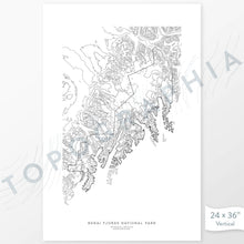 Load image into Gallery viewer, Example art map print of Kenai Fjords National Park. Art uses verticle orientation. Print shows landscape of the area using elevation data. On the artwork is a title and concise info of location and elevation. Custom map decor
