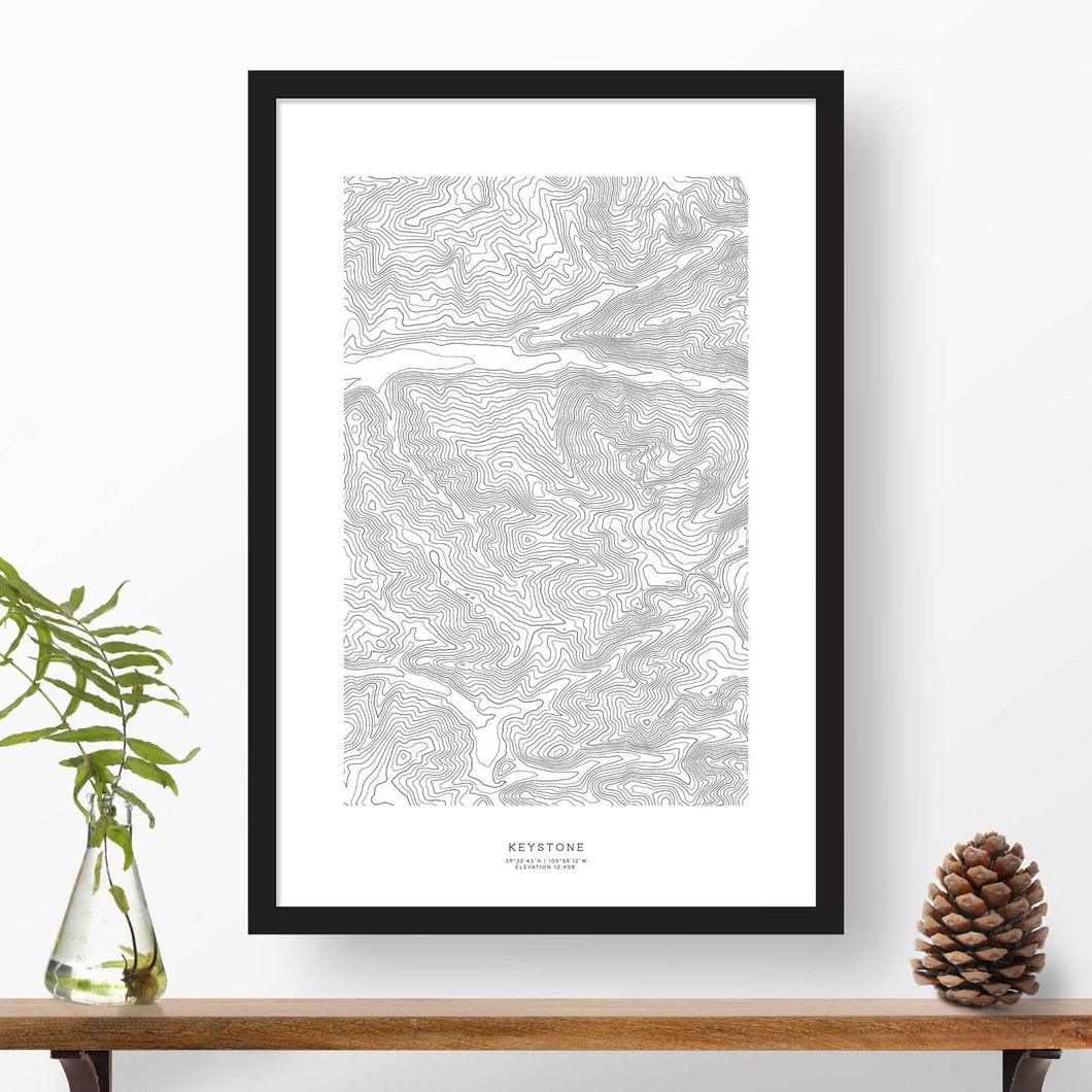 Keystone Ski Resort topographic map poster, 24 inches by 36 inches, in a vertical orientation, with a black solid wood ready-to-hang frame.
