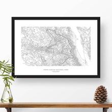 Load image into Gallery viewer, Kings Canyon National Park topographic map art poster with black frame.
