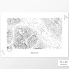 Load image into Gallery viewer, Lake art print of Lake Louise, Banff, Alberta, Canada with a topographic map. Black contour lines on a white background.
