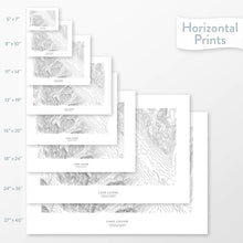 Load image into Gallery viewer, Decorative maps in many sizes of Lake Louise, Banff, Alberta, Canada topography: 5x7, 8x10, 11x14, 16x20, 18x24, 24x36, and 27x40.
