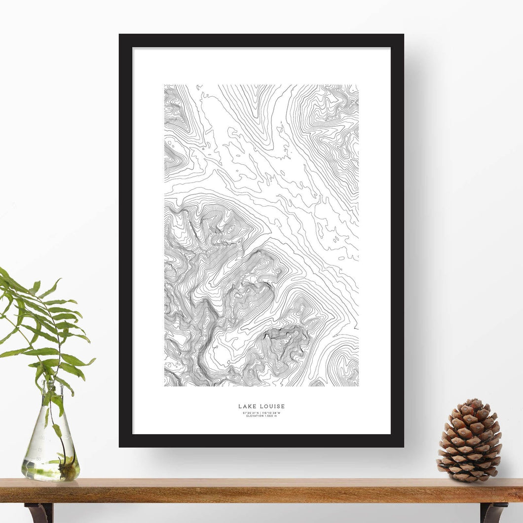 Topographic map of Lake Louise in Banff, Alberta, Canada with a black frame.