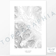 Load image into Gallery viewer, Vertical orientation Lake Louise, Banff, Alberta, Canada poster with topographic map design.
