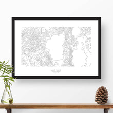 Load image into Gallery viewer, Framed black and white print of Lake Tahoe, California with topography art.
