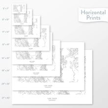 Load image into Gallery viewer, All sizes of horizontal prints for Lake Tahoe, California poster with topographic map.
