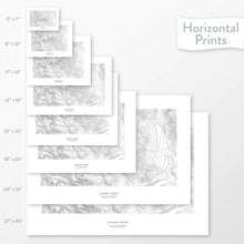 Load image into Gallery viewer, Topographic maps of Longs Peak, Colorado in multiple sizes, available as posters, framed print, and canvas or framed canvas.
