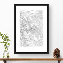 Load image into Gallery viewer, Black and white map and travel art of Longs Peak, Colorado. Topography contours are in black on a white background. Text below the image can be personalized for a perfect custom map art gift idea.
