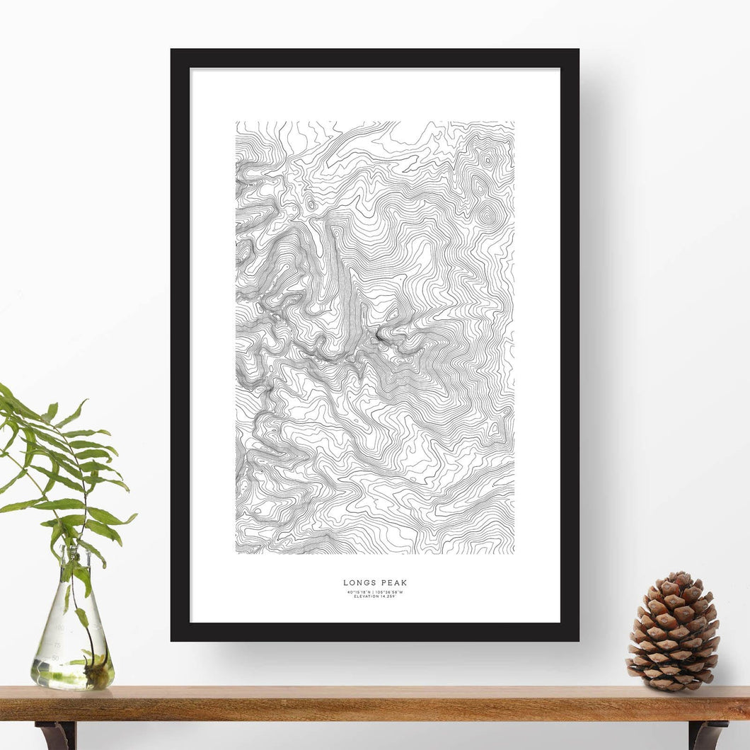 Black and white map and travel art of Longs Peak, Colorado. Topography contours are in black on a white background. Text below the image can be personalized for a perfect custom map art gift idea.
