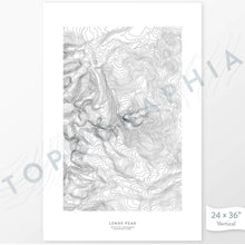 Load image into Gallery viewer, Example art map print of Longs Peak, Colorado. Art uses verticle orientation. Print shows landscape of the area using elevation data. On the artwork is a title and concise info of location and elevation. Custom map decor
