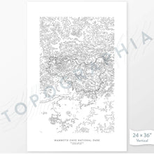 Load image into Gallery viewer, Example art map print of Mammoth Cave National Park. Art uses verticle orientation. Print shows landscape of the area using elevation data. On the artwork is a title and concise info of location and elevation. Custom map decor
