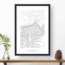 Load image into Gallery viewer, Black and white map and travel art of Mesa Verde National Park. Topography contours are in black on a white background. Text below the image can be personalized for a perfect custom map art gift idea.
