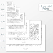 Load image into Gallery viewer, Decorative maps in many sizes of Mount Adams, Washington topography: 5x7, 8x10, 11x14, 16x20, 18x24, 24x36, and 27x40.
