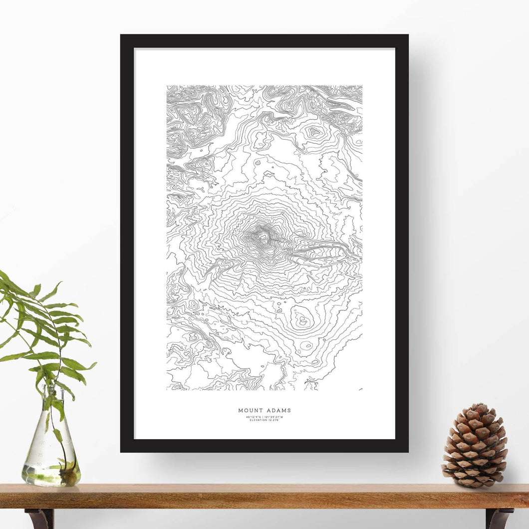 Framed print of Mount Adams, Washington featuring a topographic map.