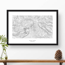 Load image into Gallery viewer, Map wall decor in a black frame. Contour lines of Mount Baker, Washington are drawn on a white background. Text  below the map can be customized to create custom adventure art.
