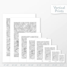 Load image into Gallery viewer, Available sizes for Mount Baker, Washington Park topographic maps. 5x7, 8x10, 11x14, 16x20, 18x24, 24x36, and 27x40 posters shown. as black and white prints on a gray background.
