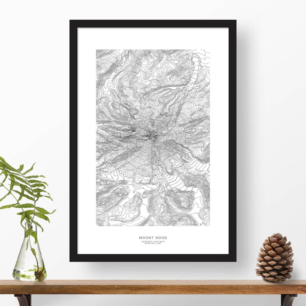Mount Hood, Oregon topographic map poster, 24 inches by 36 inches, in a vertical orientation, with a black solid wood ready-to-hang frame.