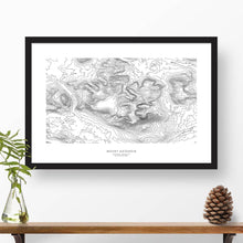Load image into Gallery viewer, Framed black and white print of Mount Katahdin, Maine with topography art.

