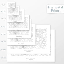 Load image into Gallery viewer, Decorative maps in many sizes of Mount Monadnock, New Hampshire topography: 5x7, 8x10, 11x14, 16x20, 18x24, 24x36, and 27x40.
