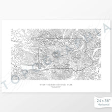 Load image into Gallery viewer, Horizontal custom topo map print of Mount Rainier National Park. Contour lines show the tall mountain topography of the area. 
