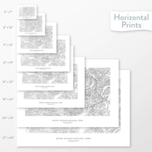 Load image into Gallery viewer, National park art of Mount Rainier. Map wall decor is available in multiple sizes: 5x7, 8x10, 11x14, 16x20, 18x24, 24x36, and 27x40.
