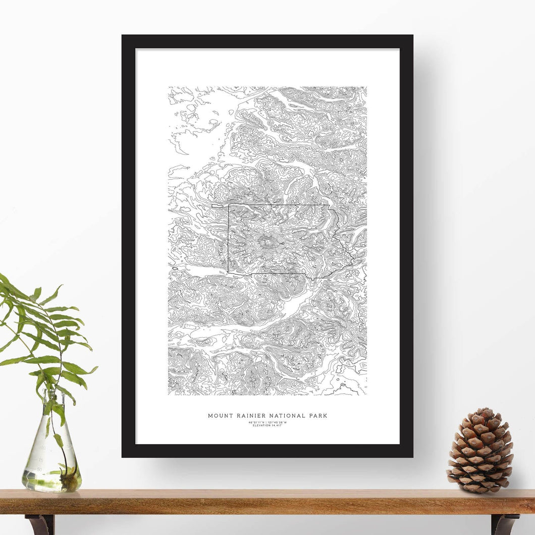Mount Rainier National Park topographic map poster, 24 inches by 36 inches, in a vertical orientation, with a black solid wood ready-to-hang frame.