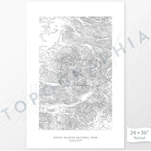 Load image into Gallery viewer, Mount Rainier National Park poster with topograpy contour lines in black on a white background. Customizable text makes it a great map art gift idea.
