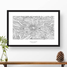 Load image into Gallery viewer, Framed black and white print of Mount Rainier, Washington with topography art.
