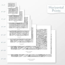 Load image into Gallery viewer, All sizes of horizontal prints for Mount Rainier, Washington poster with topographic map.
