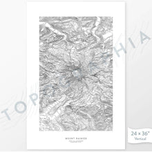 Load image into Gallery viewer, Mount Rainier, Washington poster with topograpy contour lines in black on a white background. Customizable text makes it a great map art gift idea.
