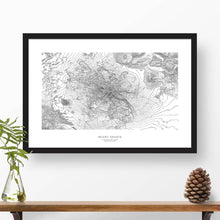 Load image into Gallery viewer, Map wall decor in a black frame. Contour lines of Black Elk Peak, South Dakota are drawn on a white background. Text  below the map can be customized to create custom adventure art.

