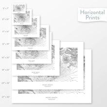 Load image into Gallery viewer, Available sizes for Mount Shasta, California topographic maps. 5x7, 8x10, 11x14, 16x20, 18x24, 24x36, and 27x40 posters shown. as black and white prints on a gray background.
