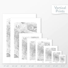 Load image into Gallery viewer, Available sizes for Mount Shasta, California topographic maps. 5x7, 8x10, 11x14, 16x20, 18x24, 24x36, and 27x40 posters shown. as black and white prints on a gray background.
