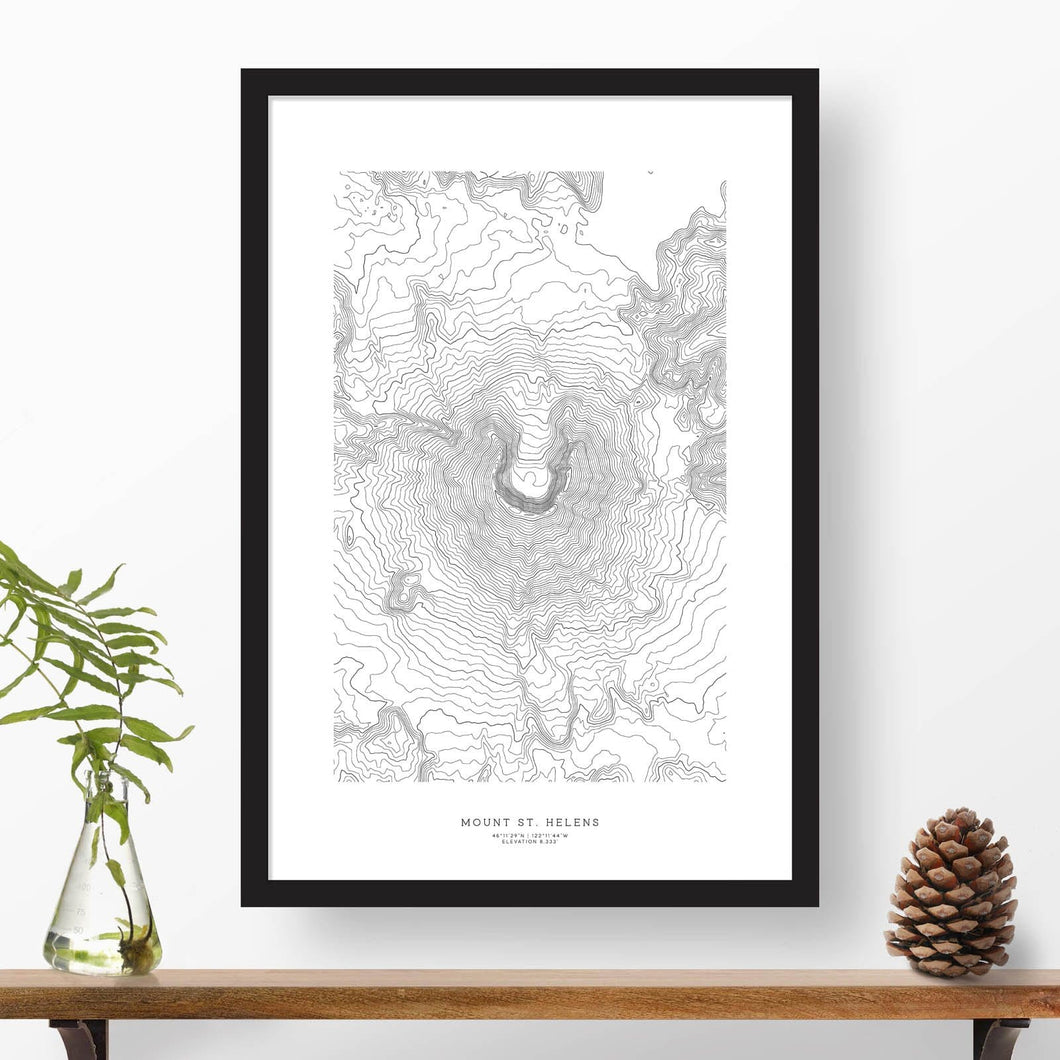 Black and white map and travel art of Mount St. Helens. Topography contours are in black on a white background. Text below the image can be personalized for a perfect custom map art gift idea.