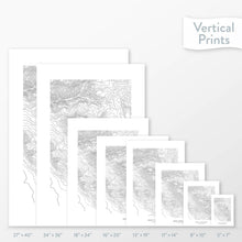 Load image into Gallery viewer, Topographic map art of Mount Timpanogos, Utah available to buy as posters, framed posters, and wrapped canvas wall art. Sized at 5x7, 8x10, 11x14, 16x20, 18x24, 24x36, and 27x40 inches.
