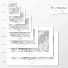 Load image into Gallery viewer, Mountain art of Mount Washington, New Hampshire. Map wall decor is available in multiple sizes: 5x7, 8x10, 11x14, 16x20, 18x24, 24x36, and 27x40.
