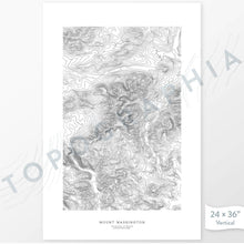 Load image into Gallery viewer, Example art map print of Mount Washington, New Hampshire. Art uses verticle orientation. Print shows landscape of the area using elevation data. On the artwork is a title and concise info of location and elevation. Custom map decor
