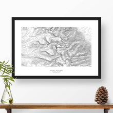 Load image into Gallery viewer, Framed black and white print of Mount Whitney, California with topography art.
