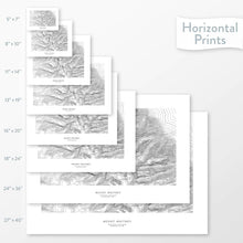 Load image into Gallery viewer, All sizes of horizontal prints for Mount Whitney, California poster with topographic map.
