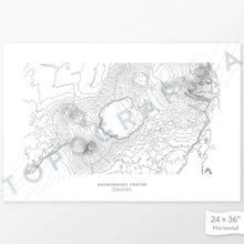 Load image into Gallery viewer, Horizontal custom topo map print of Ngorongoro Crater Conservation Area, Tanzania. Contour lines show the steep canyon topography of the area. National Park artwork
