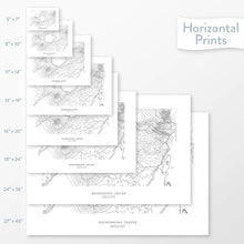 Load image into Gallery viewer, Mountain art of Ngorongoro Crater Conservation Area. Map wall decor is available in multiple sizes: 5x7, 8x10, 11x14, 16x20, 18x24, 24x36, and 27x40.
