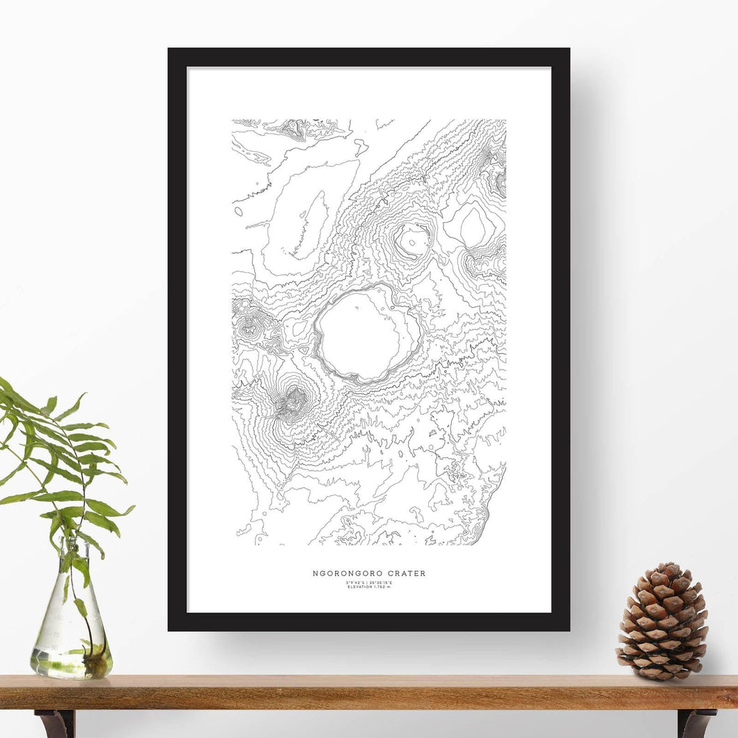 Framed print of Ngorongoro Crater, Tanzania featuring a topographic map.