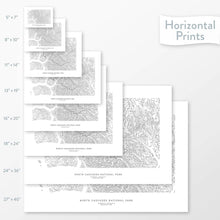 Load image into Gallery viewer, Decorative maps in many sizes of North Cascades National Park topography: 5x7, 8x10, 11x14, 16x20, 18x24, 24x36, and 27x40.
