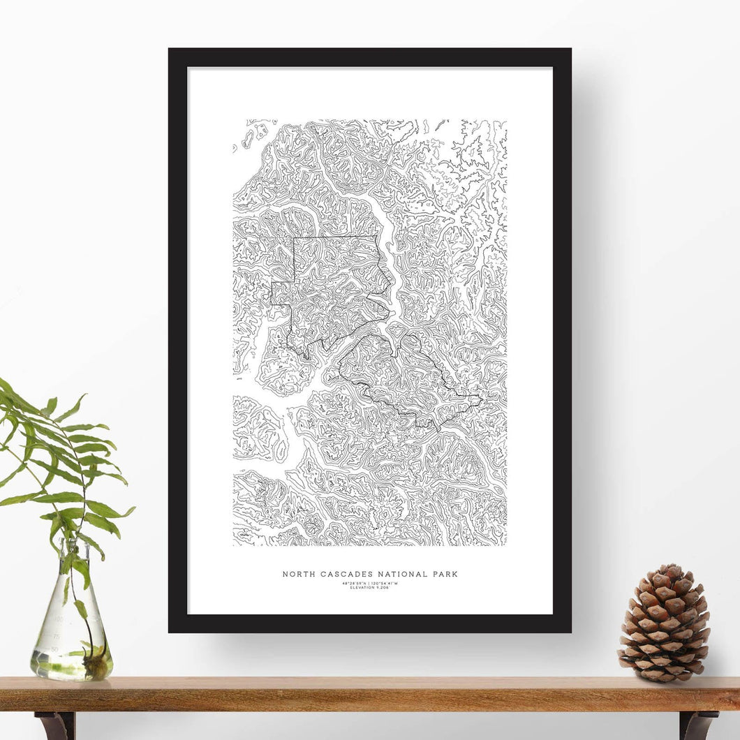 Framed print of North Cascades National Park featuring a topographic map.