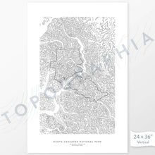 Load image into Gallery viewer, Vertical orientation North Cascades National Park poster with topographic map design.
