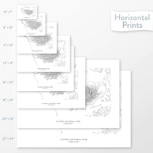 Load image into Gallery viewer, All sizes of horizontal prints for Olympic National Park poster with topographic map.
