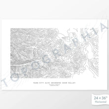 Load image into Gallery viewer, Horizontal Park City Ski Resorts (Solitue, Brighton, Snowbird, and Alta) poster with topography.
