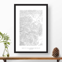 Load image into Gallery viewer, Park City Ski Areas topographic map poster, 24 inches by 36 inches, in a vertical orientation, with a black solid wood ready-to-hang frame.

