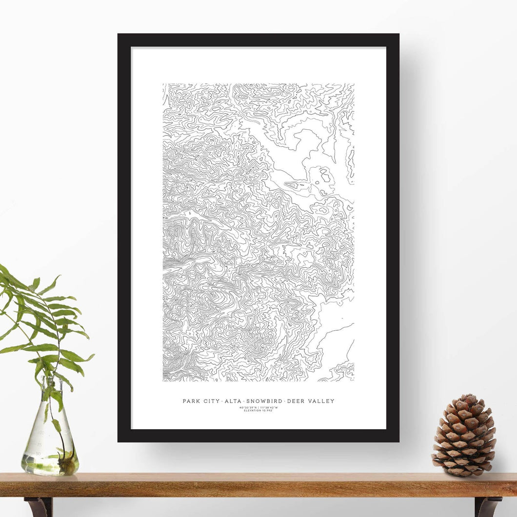 Park City Ski Areas topographic map poster, 24 inches by 36 inches, in a vertical orientation, with a black solid wood ready-to-hang frame.